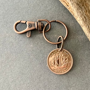 1964 British half penny keyring clip, choose coin year, 61st birthday or anniversary, retirement gift for a man or woman