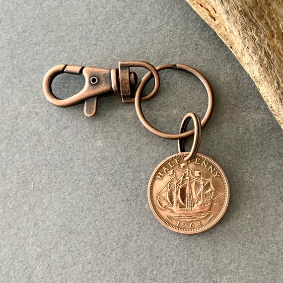 1964 British half penny keyring clip, choose coin year, 60th birthday or anniversary, retirement gift for a man or woman