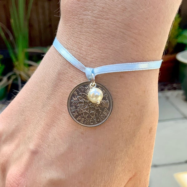 Bridal gift, Something old something new, something borrowed and something blue, lucky sixpence tie bracelet or anklet