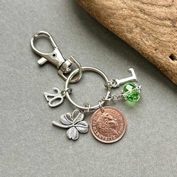 20th birthday gift, 2004 British lucky penny bag charm clip, birthstone and initial present, UK anniversary,  for woman