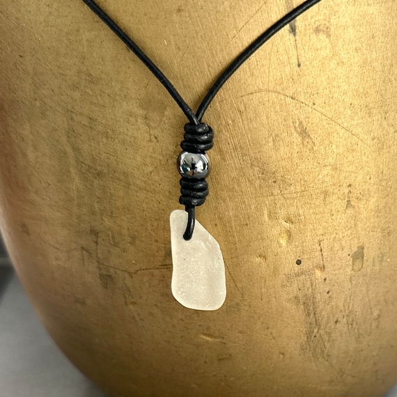 Small sea glass pendant, beach glass and hematite necklace, adjustable necklace, black leather cord