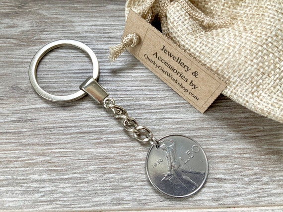 Italian coin key ring, Italy key chain, choose between 1980, 1981 or 1982 50 Lire coin, for a perfect birthday gift or anniversary present