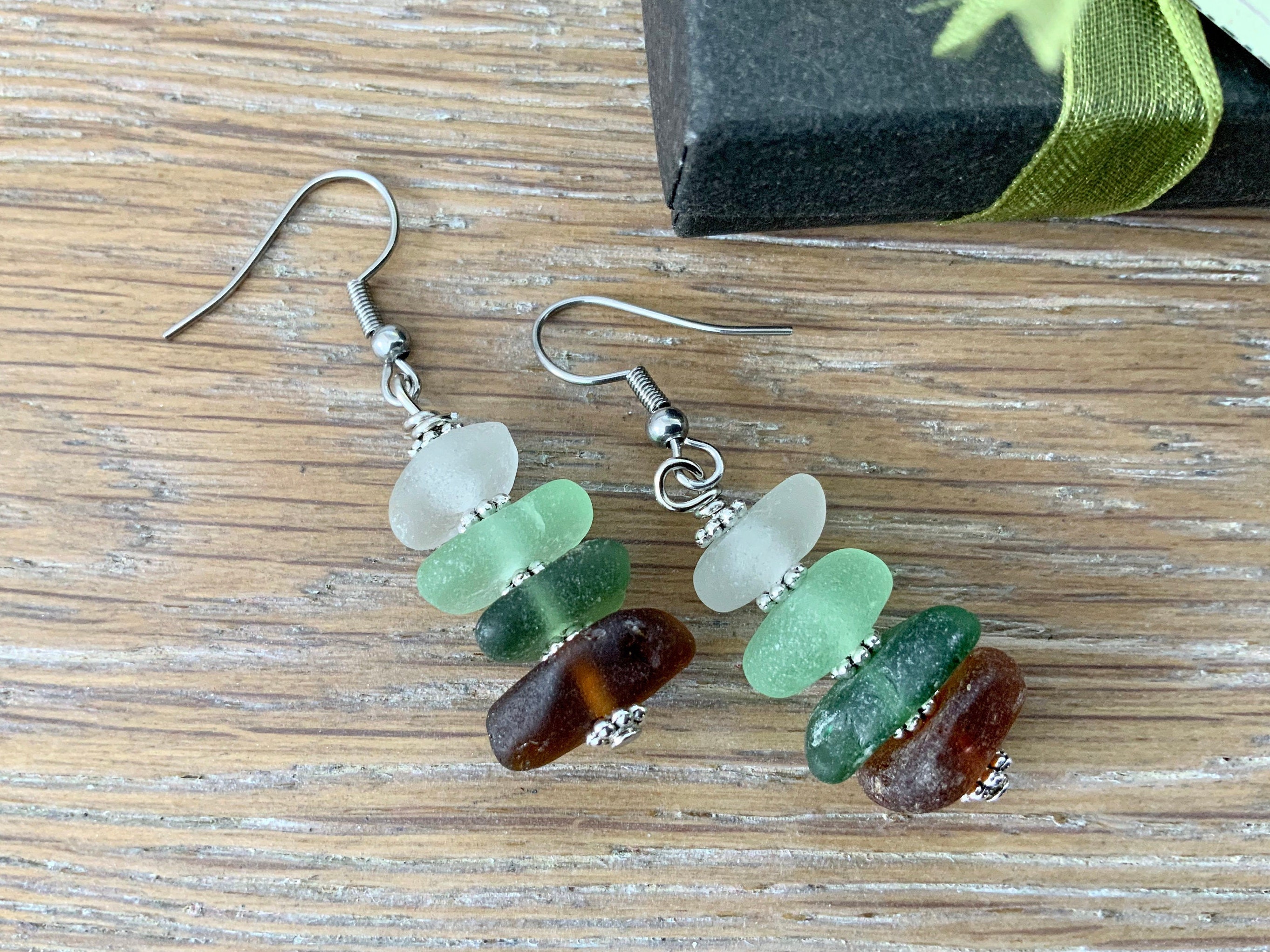 sea glass earrings, ombré green beach glass, beach found recycled sea