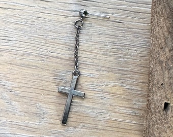 Extra Long dangle gunmetal grey cross earring, Choose between a single earring or a pair of earrings