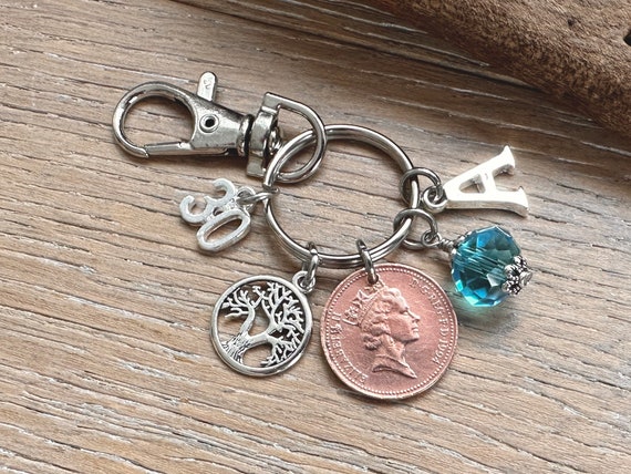 30th birthday gift, 1994 lucky penny Birthstone charm, British coin key ring / bag clip, choice of initial and colour,