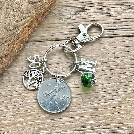 50th Italian Birthstone charm, 1974 50 Lire coin charm bag clip, choice of initial and birthstone colour, 50th birthday gift from Italy