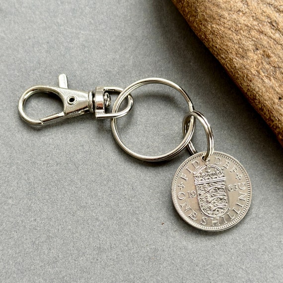 1963 English shilling keyring or clip, for a perfect 61st birthday gift or anniversary present