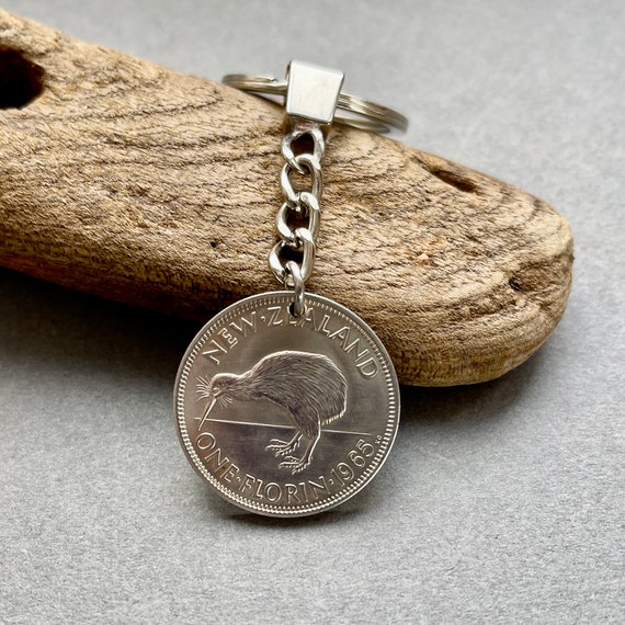 1965 New Zealand florin keyring, Kiwi coin Keychain, 59th birthday or anniversary gift