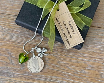 Irish sixpence and shamrock necklace, choose coin year for a perfect birthday present for a woman