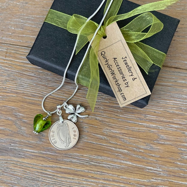 Irish sixpence and shamrock necklace, choose coin year for a perfect birthday present for a woman