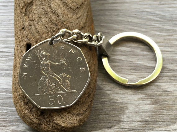 1969 British 50 pence coin keychain, birth year key ring, English 55th birthday gift or anniversary present for a man or woman