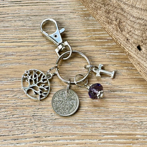 1960 sixpence and tree of life bag clip, charm, personalised gift choose initial and birthstone colour, 64th birthday or anniversary in 2024