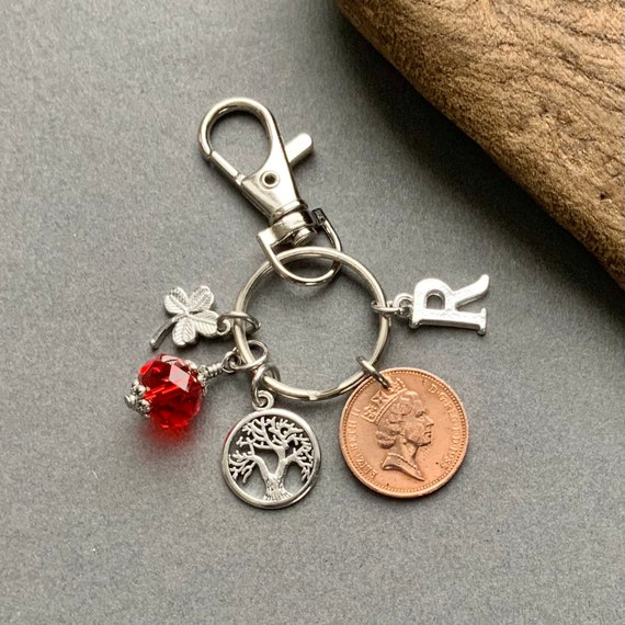1985 British lucky penny, 39th personalised birthday gift, 1985 UK coin bag clip charm, with a choice of initial and colour birthstone