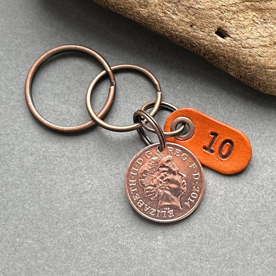 10th anniversary gift, a 2014 two pence coin key ring or clip with a 10 leather tag a perfect gift for a 10th anniversary for a man or woman