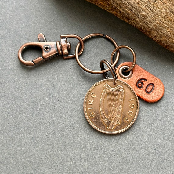 60th birthday gift, choose between a 1964 Irish penny key chain, key ring or clip 60th anniversary gift from Ireland