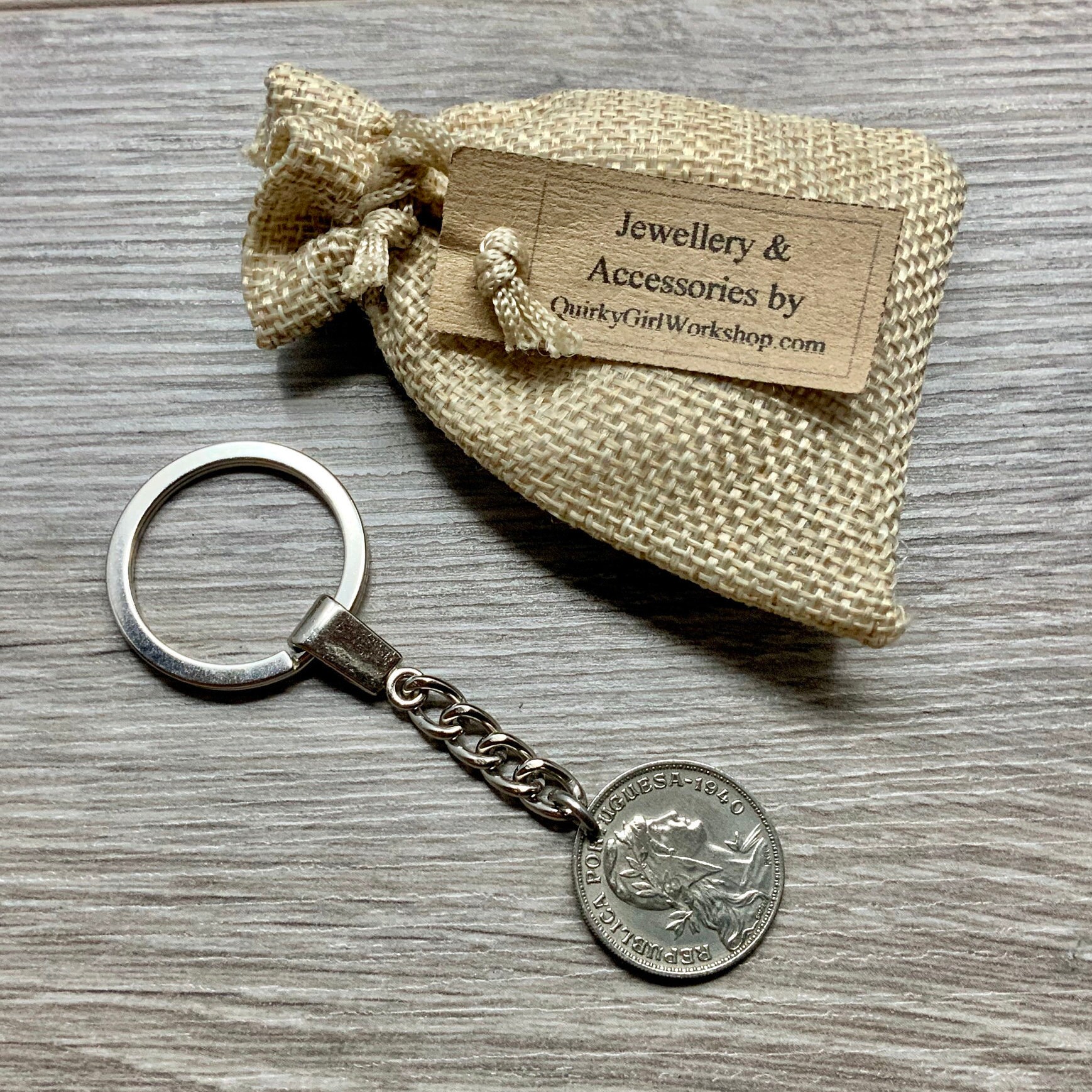80th birthday gift, 1940 Portuguese coin keyring, Portugal keychain key