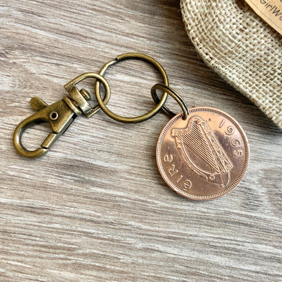 1965 Old Irish penny Key ring clip, St Patrick's day, 59th birthday or anniversary gift, lucky bag or purse charm