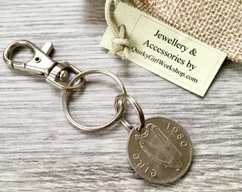 Irish five pence coin keyring, Keychain or clip, 1978, 1980 or 1982 choose coin year birthday or anniversary gift