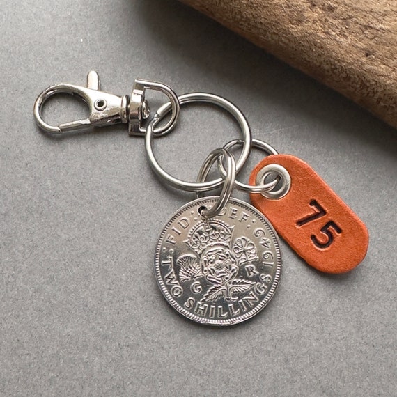 75th birthday gift, 1949 British florin key chain, Key ring or clip , UK two shilling coin, leather number 75 tag useful gift for a man