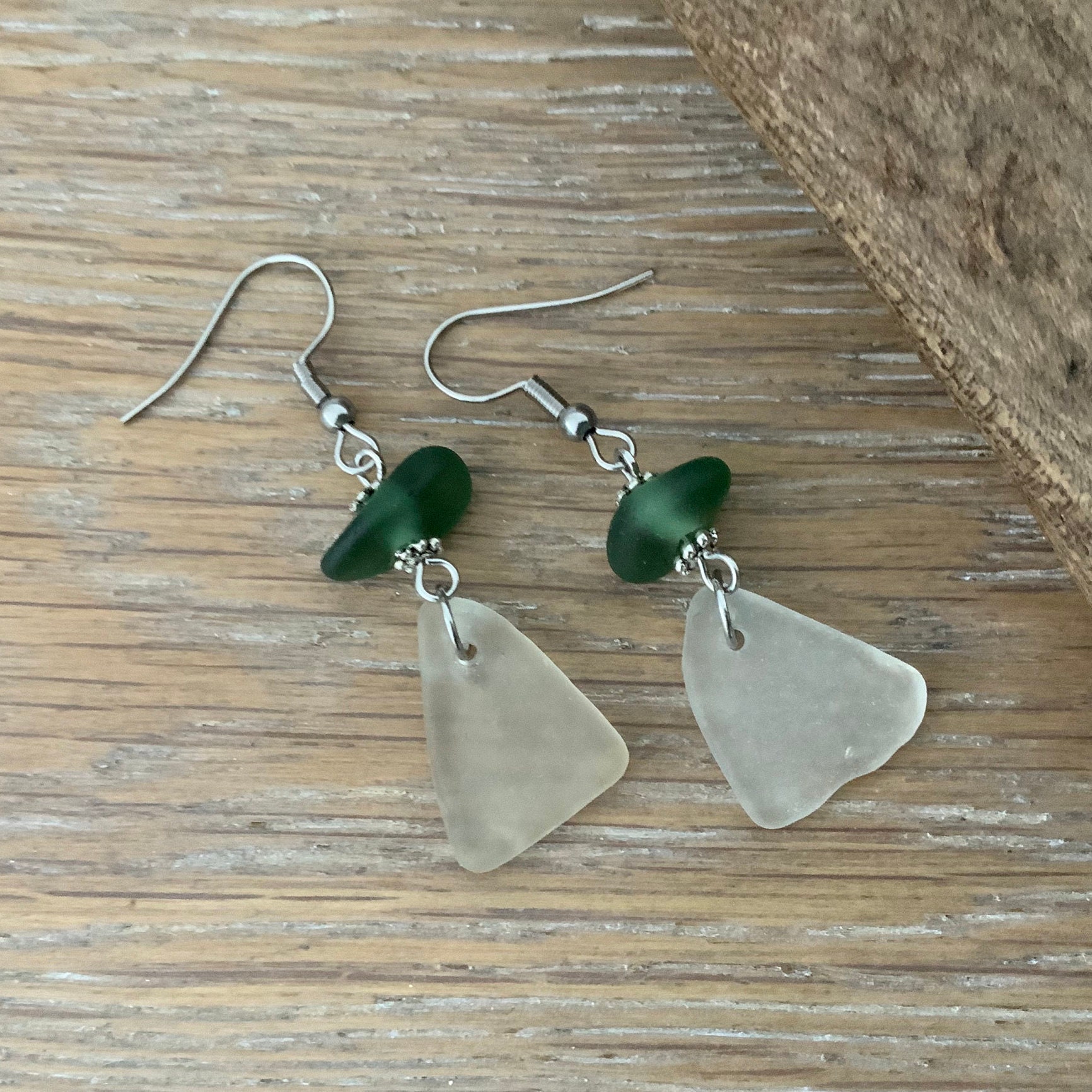 Natural green sea glass earrings, English beach glass jewelry, long