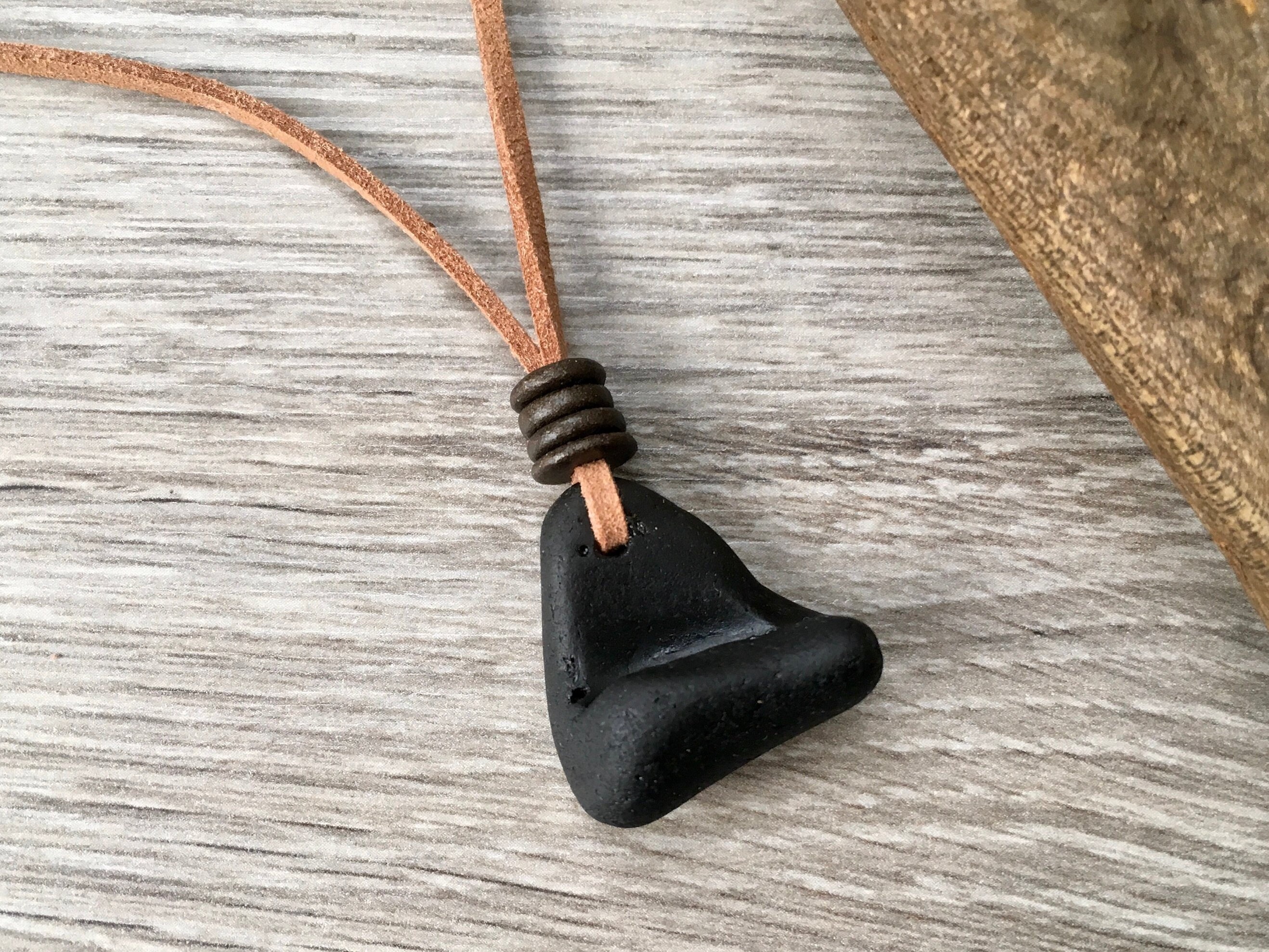 Green sea glass pendant necklace on a faux leather cord, beach glass bohemian jewellery, unisex