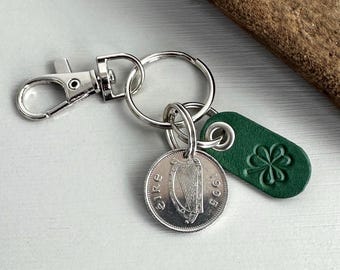 Pièce de 10 pence irlandaise de 1995 et porte-clés ou clip trèfle, pièce de monnaie irlandaise pour l'année de naissance 1995, cadeau d'un 30e anniversaire ou d'un anniversaire