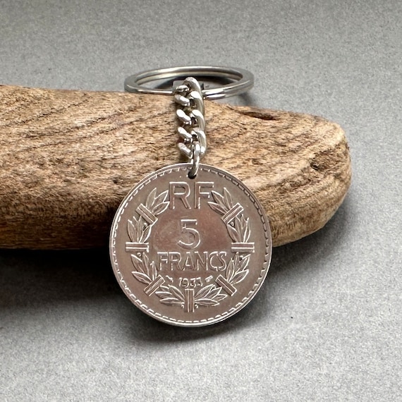 1933 French coin key ring, key chain, made using a 5 franc coin minted in 1933 from France, a great 91st birthday gift or historical present