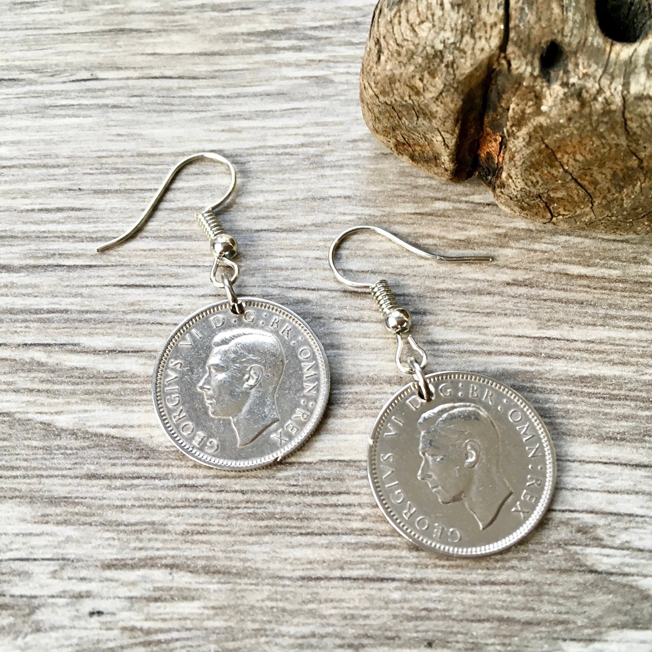 British sixpence earrings with stainless steel or Sterling silver ear
