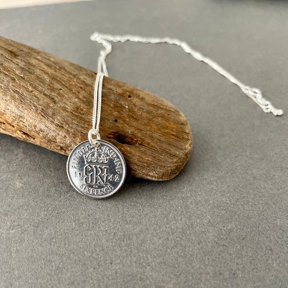 1942  British silver Sixpence necklace with a sterling silver chain, a perfect 82nd birthday gift