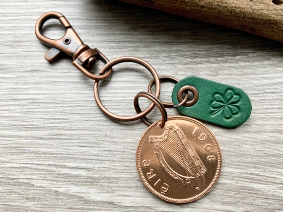 1968 Irish penny keychain, harp coin keyring, good luck, shamrock bag charm, 56th birthday gift or anniversary present