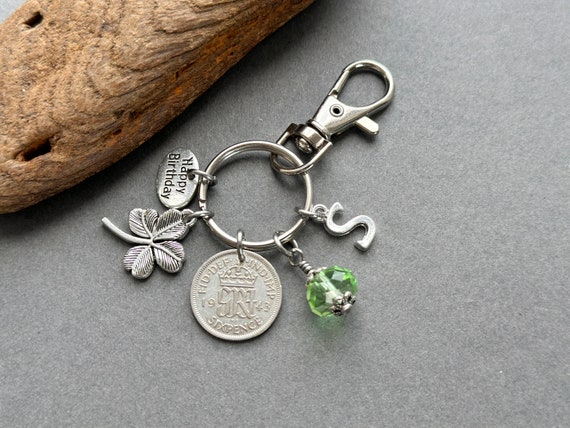 1943 silver sixpence birthstone charm, a perfect 81st birthday gift, clip style Key ring choose initial and birthstone colour