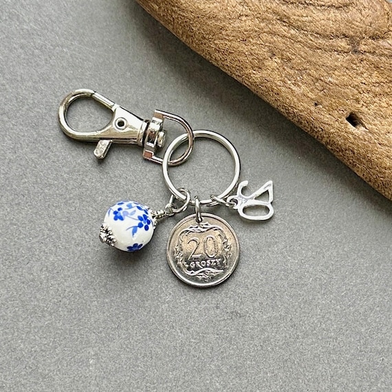 Polish 20th Anniversary or birthday gift, 2004 20 Groszy coin from Poland clip style keyring with a china bead charm, China anniversary gift