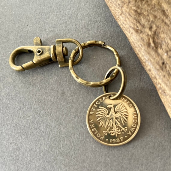 1987 polish coin keyring clip, 5 zlotych keychain, Poland 35th birthday gift or Anniversary present