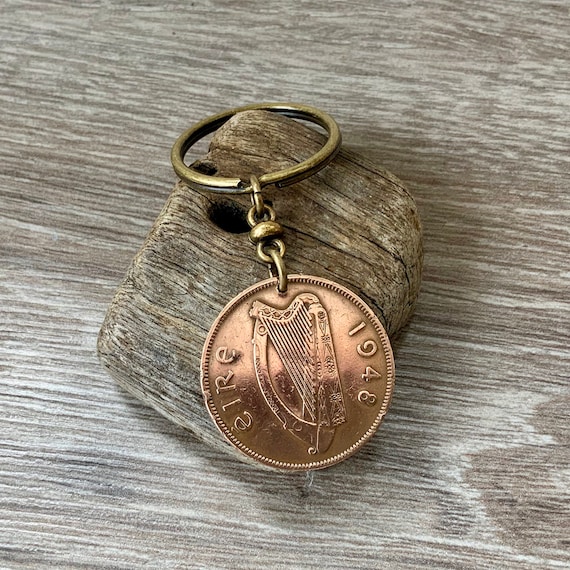 1948 Irish penny keying, 76th birthday gift, harp keychain, St Patrick's day, Ireland bag charm, hen chicken, present him, her, man, woman