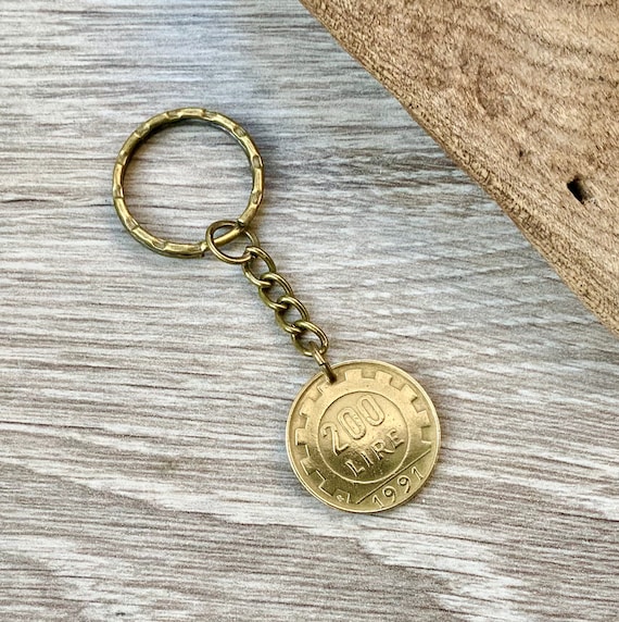 1991 Italian coin keyring, Italy 200 lire keychain, 33rd birthday or anniversary gift