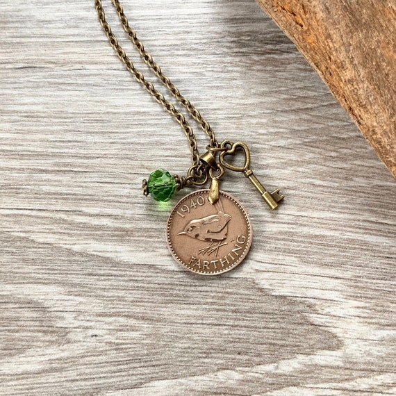 Wren farthing coin necklace, 1937  - 1952 choose coin year, British English bird coin pendant, keepsake present for a woman