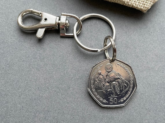 Isle of Man TT race keyring, 1997 Manx coin keychain, 27th birthday present, Anniversary gift, TT races, motercycle, motorbike keyfob