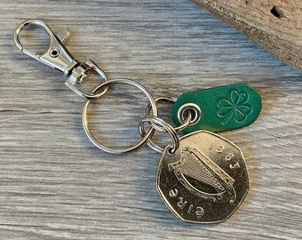 1983 Ireland 50 pence coin keychain, keyring or clip with a shamrock leather tag, 41st birthday gift