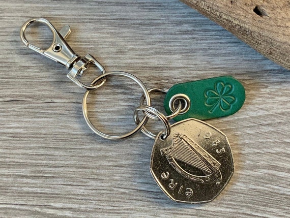 1983 Ireland 50 pence coin keychain, keyring or clip with a shamrock leather tag, 41st birthday gift