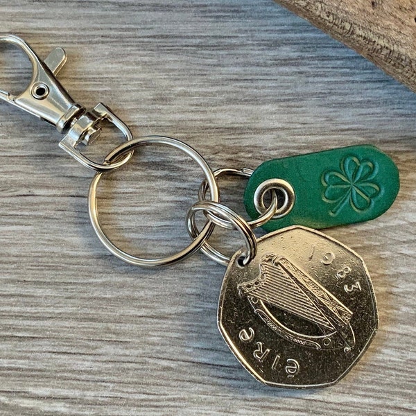 1983 Ireland 50 pence coin keychain, keyring or clip with a shamrock leather tag, 41st birthday gift