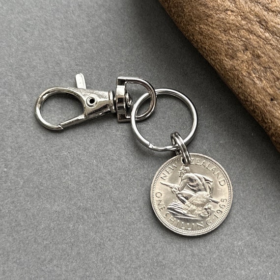 1965 New Zealand shilling clip style keyring, key chain perfect for a 59th birthday or anniversary gift