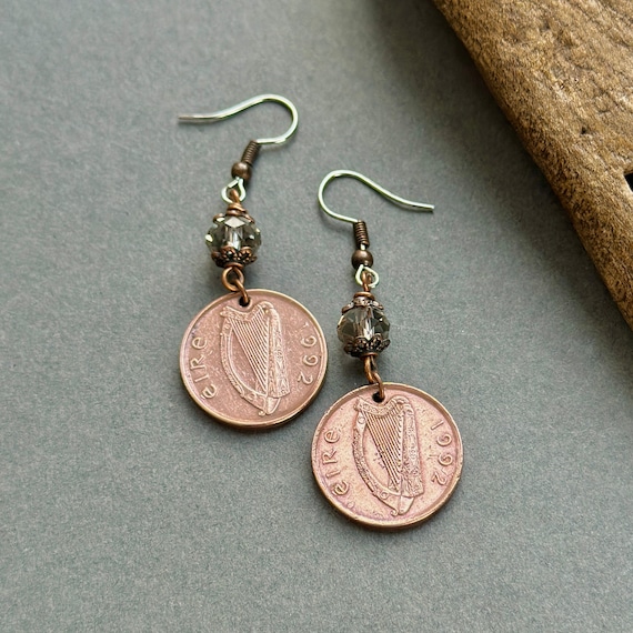 1992 Irish penny long dangle earrings, Eire Ireland anniversary present 32nd birthday gift for a woman