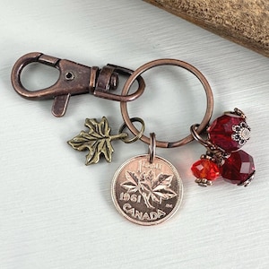 Canadian penny bag clip, 1960 - 1974 choose coin year for a perfect birthday gift, Canada coin keyring, maple leaf keychain, purse charm
