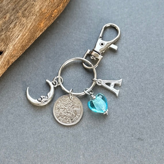 Lucky sixpence with a man in the moon charm bag clip, choose initial and coin year for a thoughtful birthday or anniversary gift