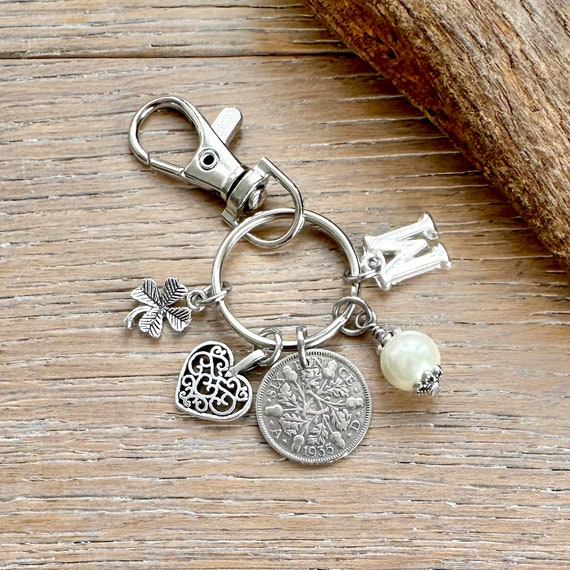 1935 silver sixpence birthstone charm, bag clip, personalised 89th birthday gift choose initial and birthstone colour