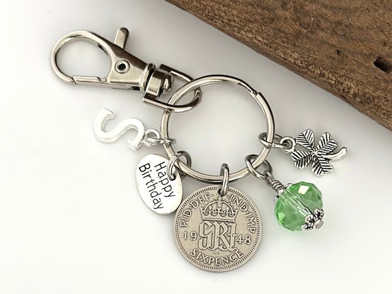 1948 lucky sixpence charm clip to clip on a bag, purse or keys, personalised gift, choose initial and birthstone colour, 76th birthday gift,