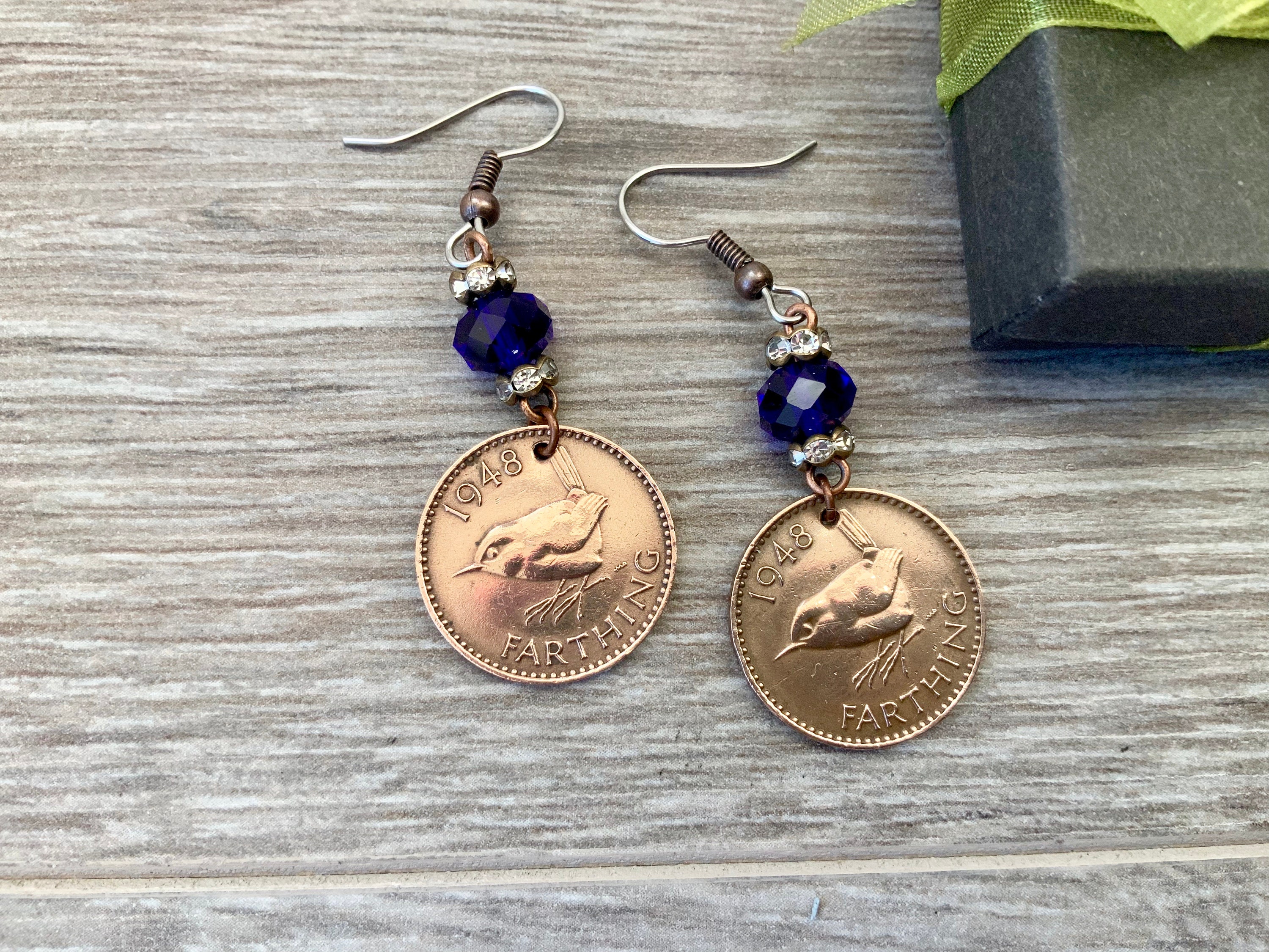 1948 British wren Farthing earrings, UK coin jewellery