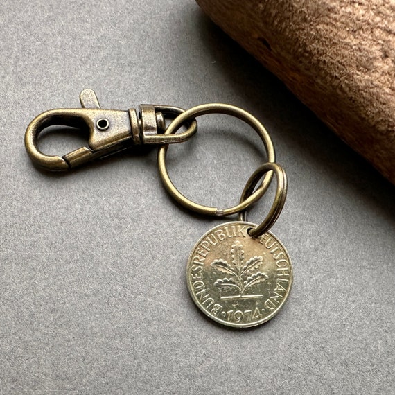 50th birthday gift, 1974 German coin clip style Keyring, Germany 10 pfennig