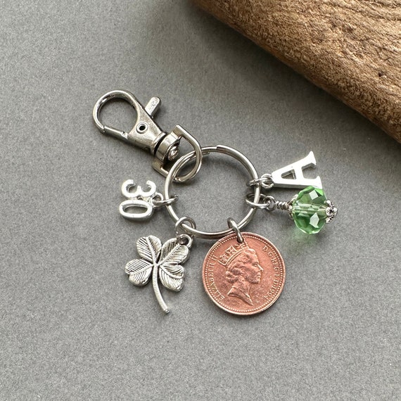 30th birthday gift, Birthstone and lucky penny charm, 1994 British coin keyring or bag clip, choice of initial and colour,