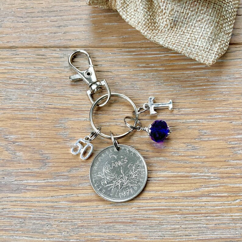 birthstone and initial France anniversary present for woman 50th birthday gift 1971 French 5 Franc coin bag charm clip